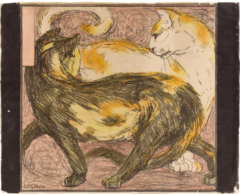 Auf diesem Bild ist das folgende Kunstwerk zu sehen: Franz Marc. „Zwei Katzen“. 1909/10.
