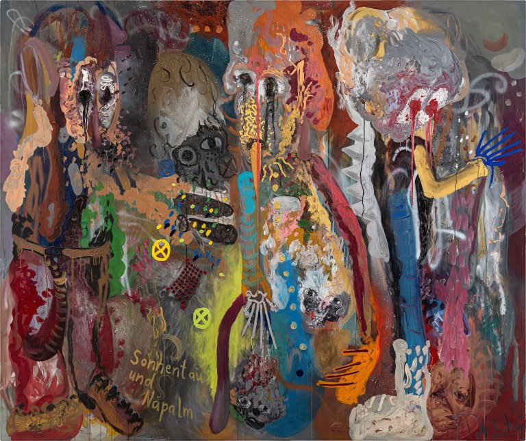 Auf diesem Bild ist das folgende Kunstwerk zu sehen: André Butzer. „Sonnentau und Napalm (VERSPERRT NICHT DIE PFADE DER FEEN!)“. 2000.