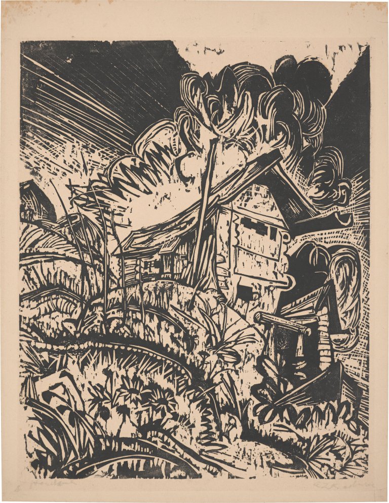 Auf diesem Bild ist das folgende Kunstwerk zu sehen: Ernst Ludwig Kirchner. „Berghaus mit Gewitterwolke. Alphütte bei Gewitter“. 1917.