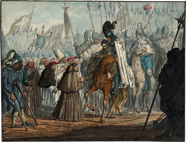 Auf diesem Bild ist das folgende Kunstwerk zu sehen: Carl Philipp Fohr. „Ulrich I. bringt das Haupt des Sultans ins Lager“. 1813/14.