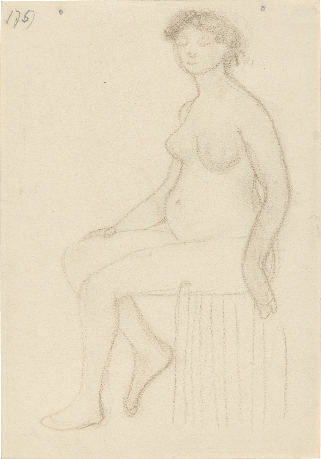 Auf diesem Bild ist das folgende Kunstwerk zu sehen: Paula Modersohn-Becker. „Sitzender Akt auf Podest nach links“. 1903/05.