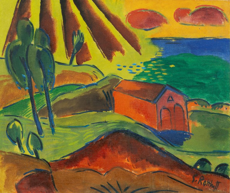 Auf diesem Bild ist das folgende Kunstwerk zu sehen: Karl Schmidt-Rottluff. „Bootshaus in Jershöft (Rettungshaus am Strand)“. 1920.