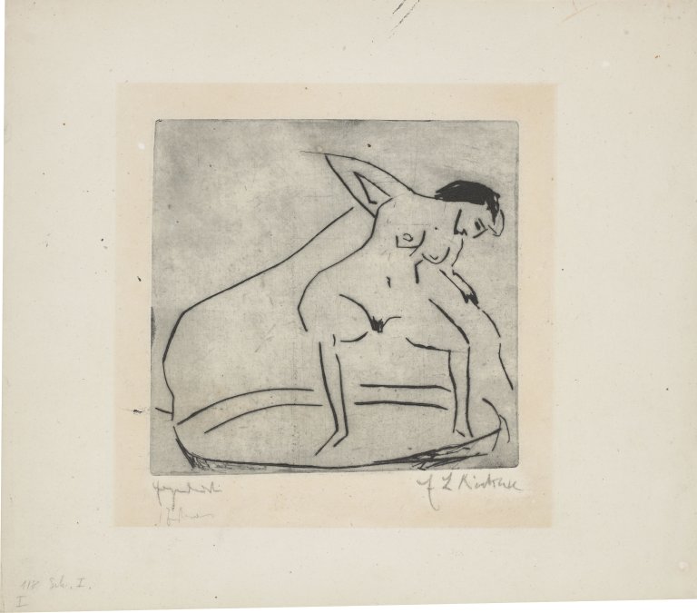 This picture shows the following artwork: Ernst Ludwig Kirchner. ”Sich abtrocknendes Mädchen mit Beinen im Tub”. 1908.