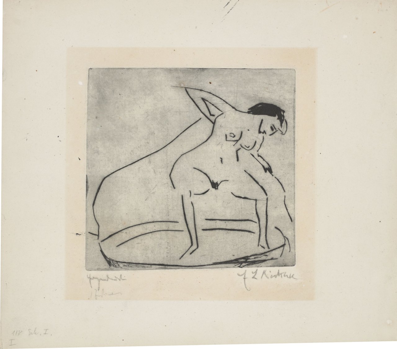 This picture shows the following artwork: Ernst Ludwig Kirchner. ”Sich abtrocknendes Mädchen mit Beinen im Tub”. 1908.