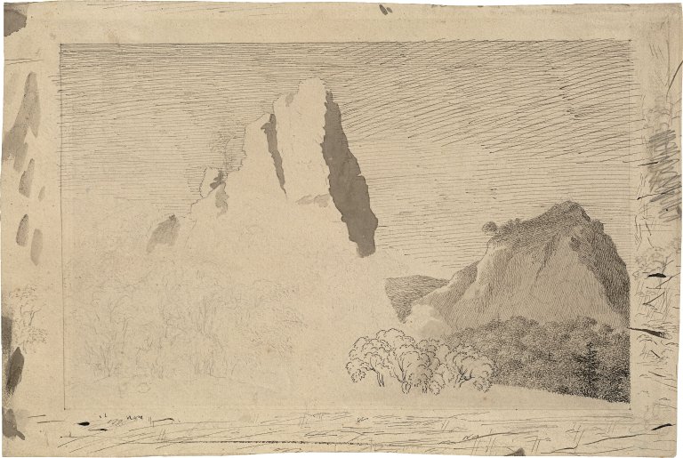 Auf diesem Bild ist das folgende Kunstwerk zu sehen: Caspar David Friedrich. „Landschaft mit Felsgipfel“. Um 1799.