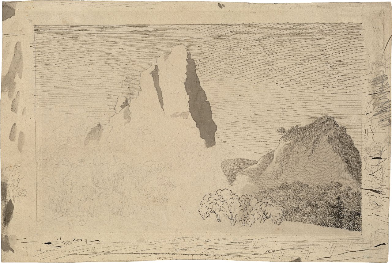 Auf diesem Bild ist das folgende Kunstwerk zu sehen: Caspar David Friedrich. „Landschaft mit Felsgipfel“. Um 1799.