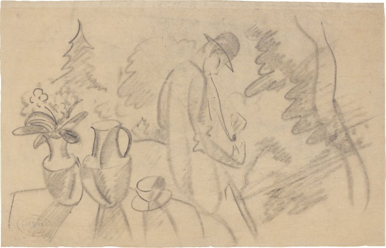 Auf diesem Bild ist das folgende Kunstwerk zu sehen: August Macke. „Mann mit Krügen“. 1914.