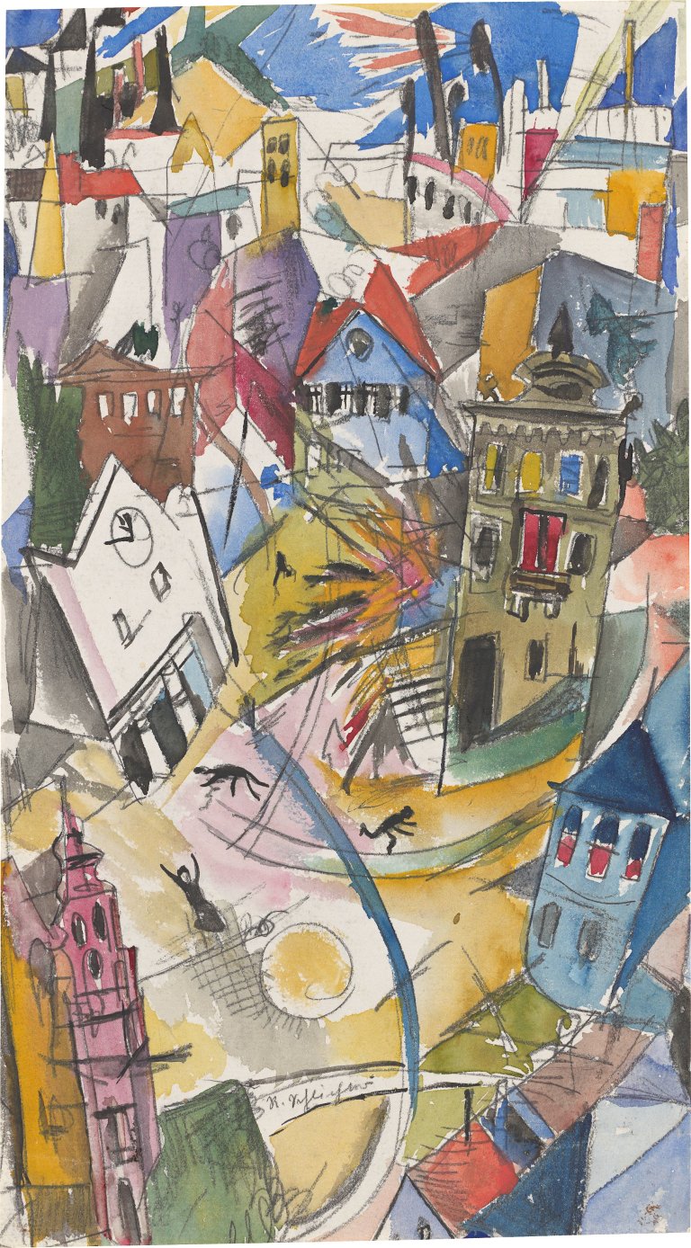 Auf diesem Bild ist das folgende Kunstwerk zu sehen: Rudolf Schlichter. Die Explosion (Apokalyptische Stadt). Um 1916.