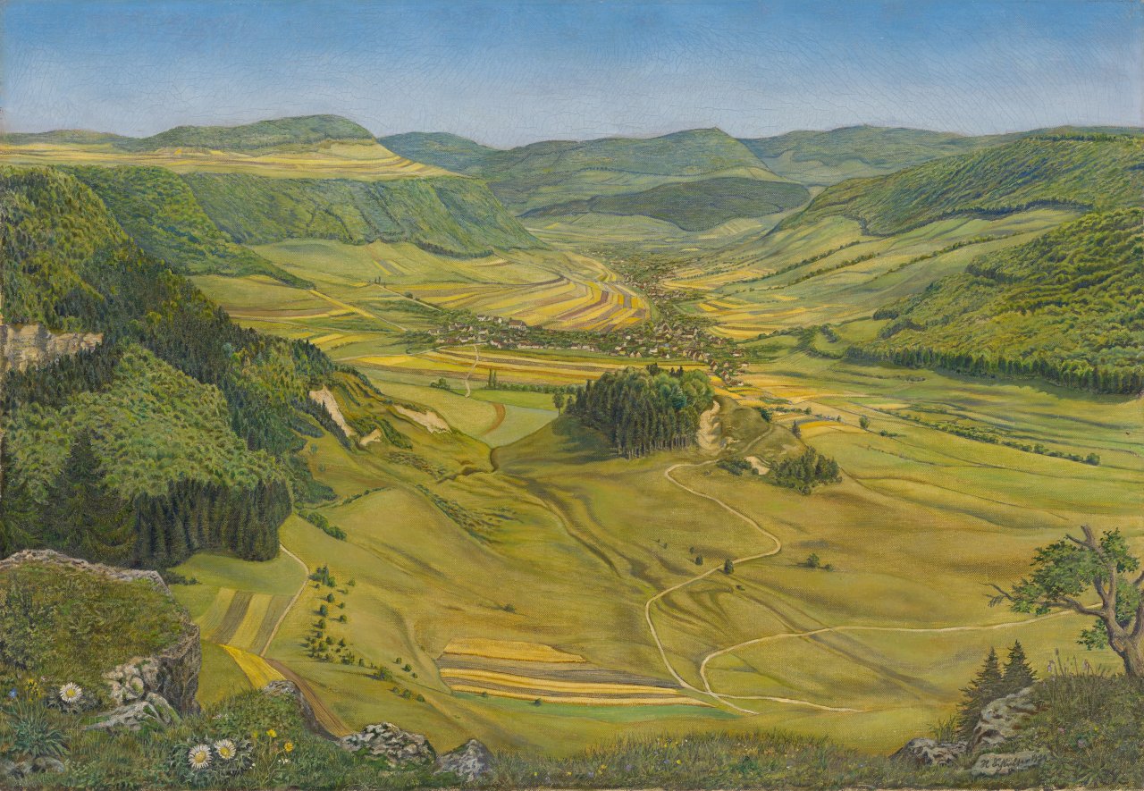 Auf diesem Bild ist das folgende Kunstwerk zu sehen: Rudolf Schlichter. Killertal bei Jungingen. 1934.