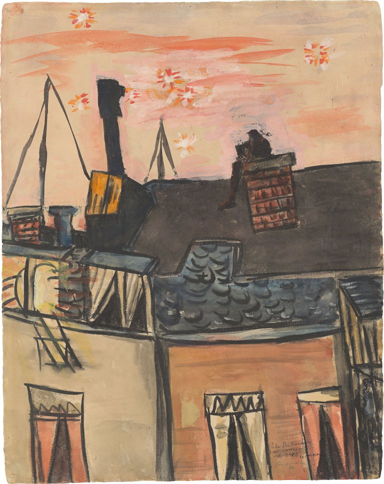 Auf diesem Bild ist das folgende Kunstwerk zu sehen: Max Beckmann. „Häuser vor Segelbooten“. 1936.