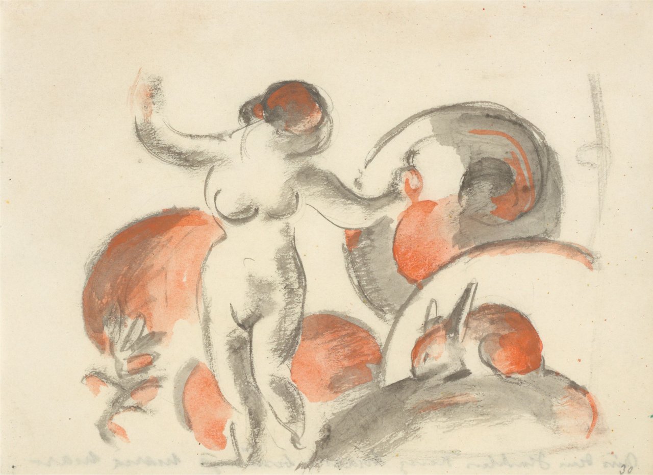 Auf diesem Bild ist das folgende Kunstwerk zu sehen: Franz Marc. „Stehender weiblicher Akt mit Kaninchen“. 1912.