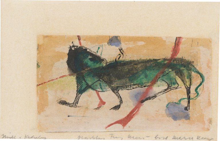 Auf diesem Bild ist das folgende Kunstwerk zu sehen: Franz Marc. „Kleines Fabeltier I“. 1912.