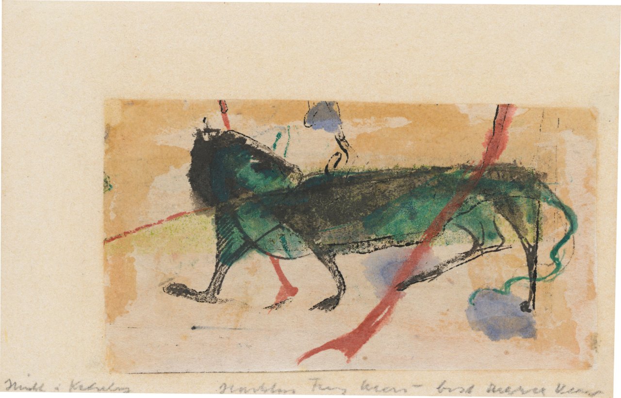 Auf diesem Bild ist das folgende Kunstwerk zu sehen: Franz Marc. „Kleines Fabeltier I“. 1912.