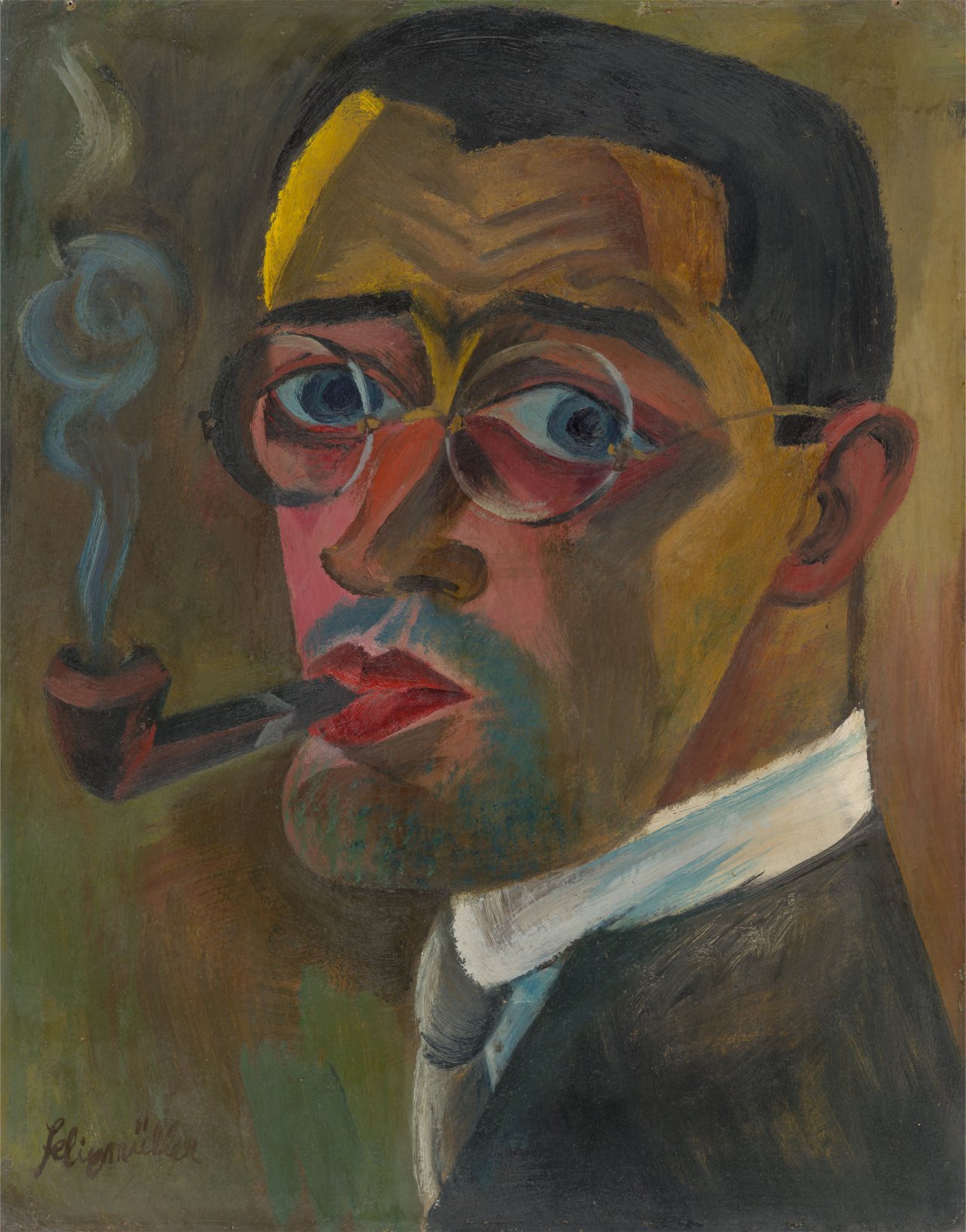 Auf diesem Bild ist das folgende Kunstwerk zu sehen: Conrad Felixmüller. „Selbstbildnis, Pfeife rauchend“. 1921.