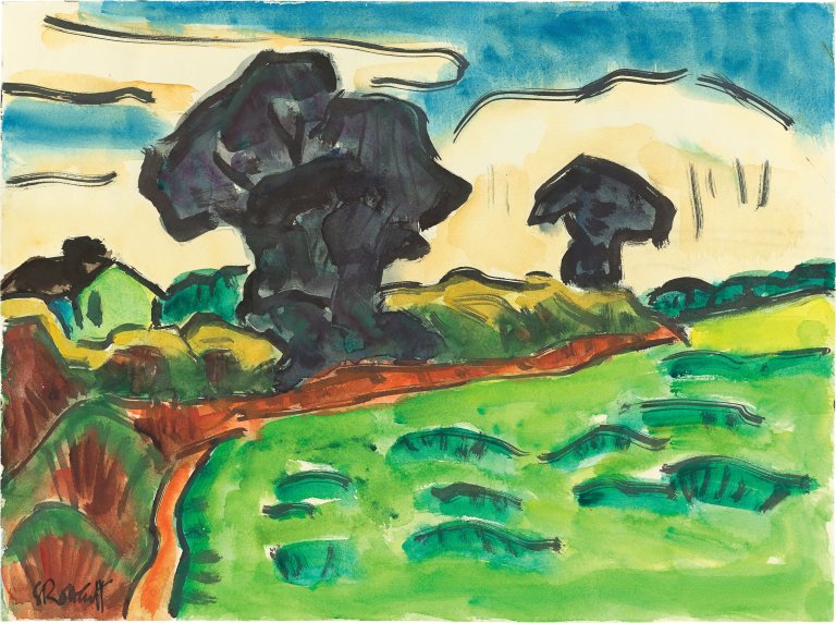 This picture shows the following artwork: Karl Schmidt-Rottluff. ”Landschaft mit dunklen Bäumen”. Circa 1962.