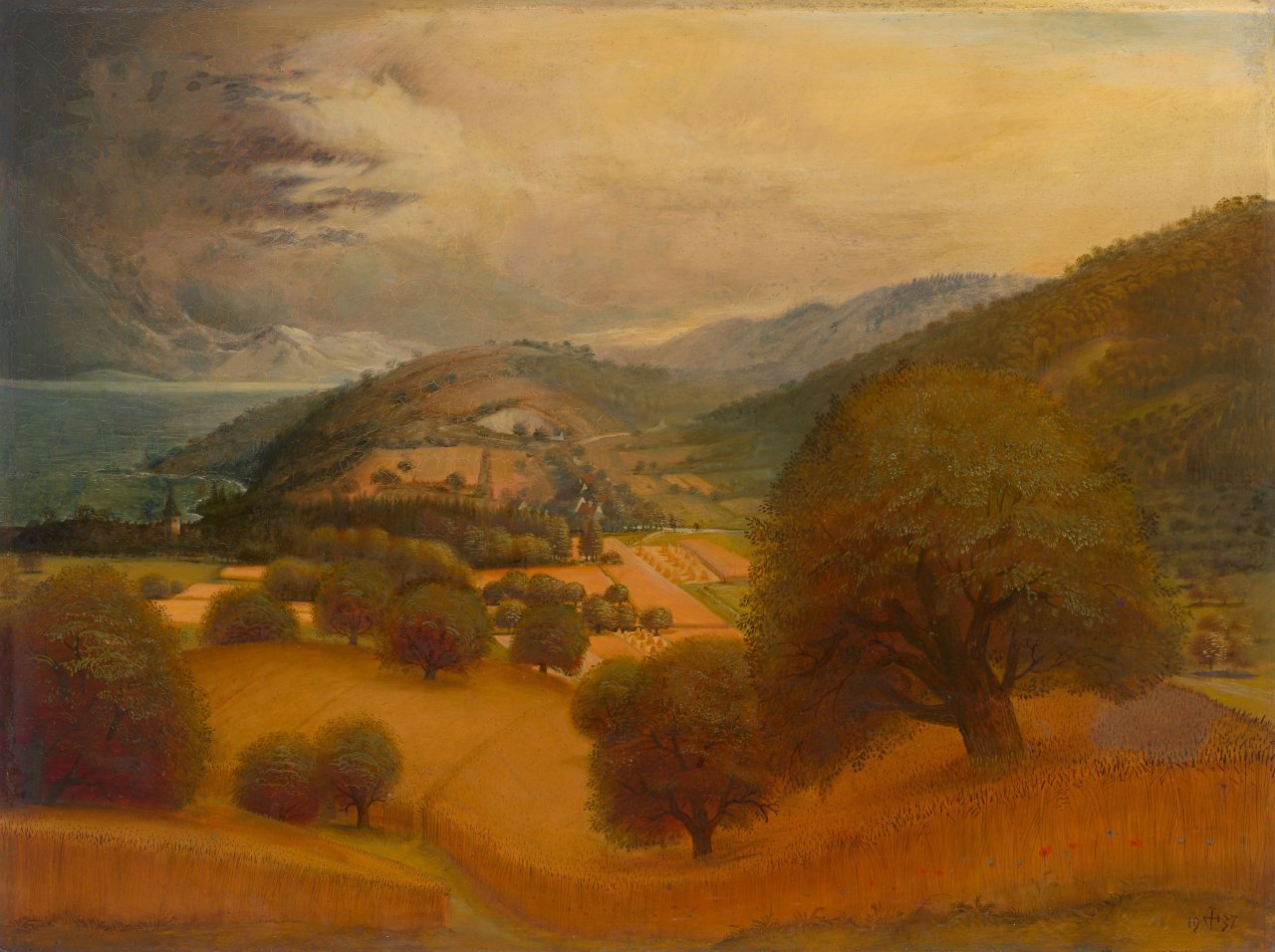 Auf diesem Bild ist das folgende Kunstwerk zu sehen: Otto Dix. „Kornfelder und Bäume bei Iznang“. 1938.