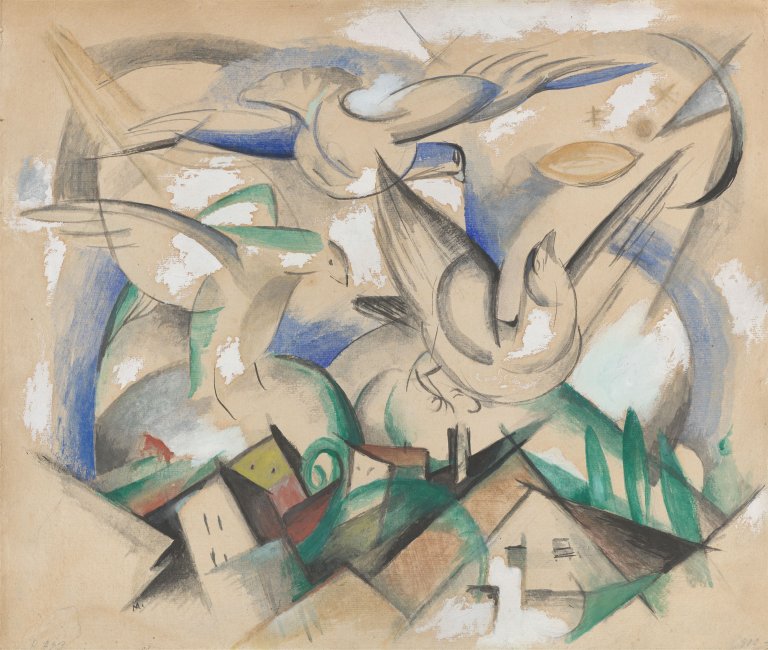 Auf diesem Bild ist das folgende Kunstwerk zu sehen: Franz Marc. „Vögel über dem Dorf“. 1913.