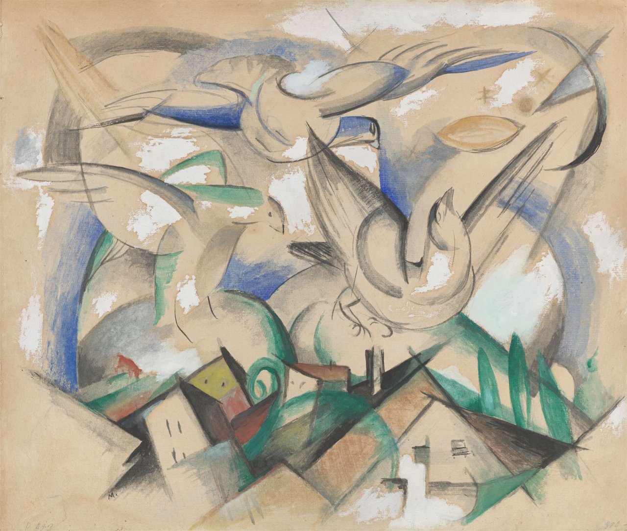 Auf diesem Bild ist das folgende Kunstwerk zu sehen: Franz Marc. „Vögel über dem Dorf“. 1913.