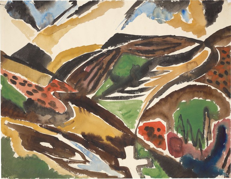 Auf diesem Bild ist das folgende Kunstwerk zu sehen: Ernst Wilhelm Nay. „Taunuslandschaft“. 1939.