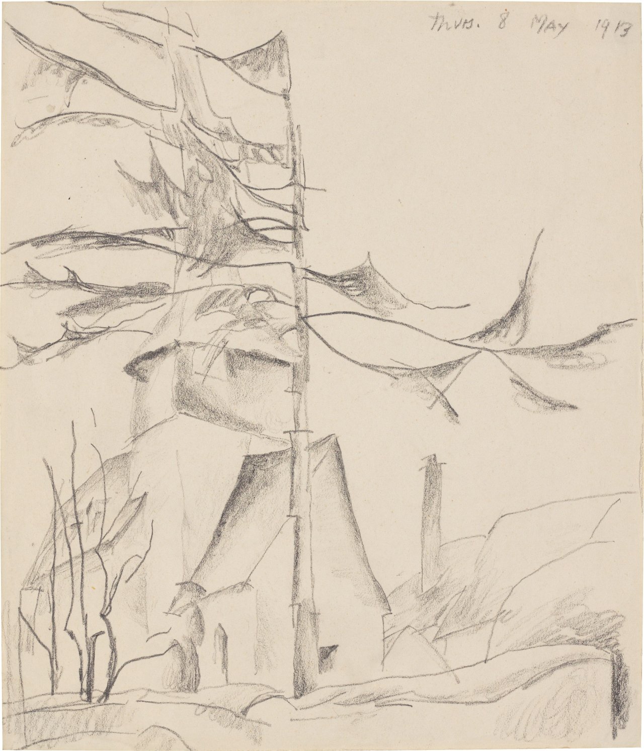 This picture shows the following artwork: Lyonel Feininger. Fir tree in front of the church in Gelmeroda. 1913.