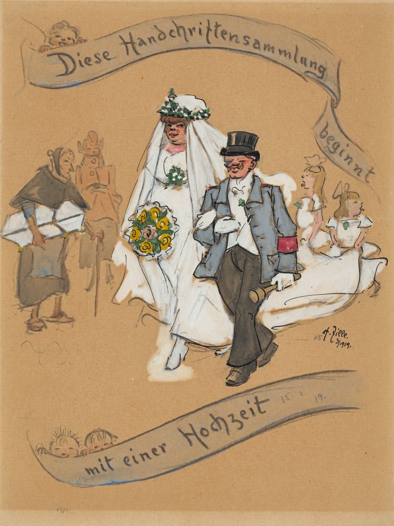 Auf diesem Bild ist das folgende Kunstwerk zu sehen: Heinrich Zille. Umschlag für eine Hochzeitszeitung (Diese Handschriftensammlung beginnt mit einer Hochzeit). 1919.