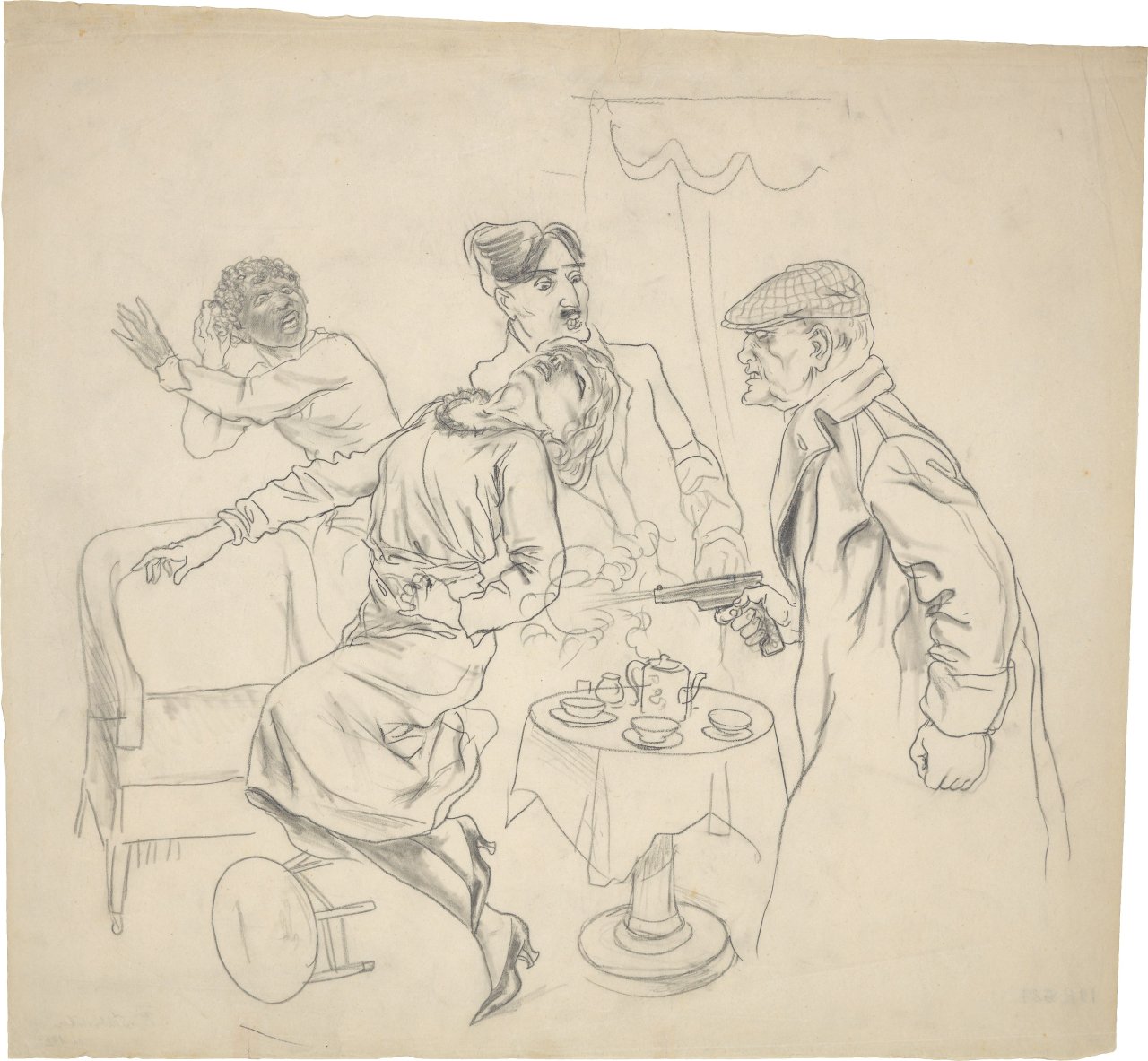 Auf diesem Bild ist das folgende Kunstwerk zu sehen: Rudolf Schlichter. Das Attentat im Salon. Um 1922.