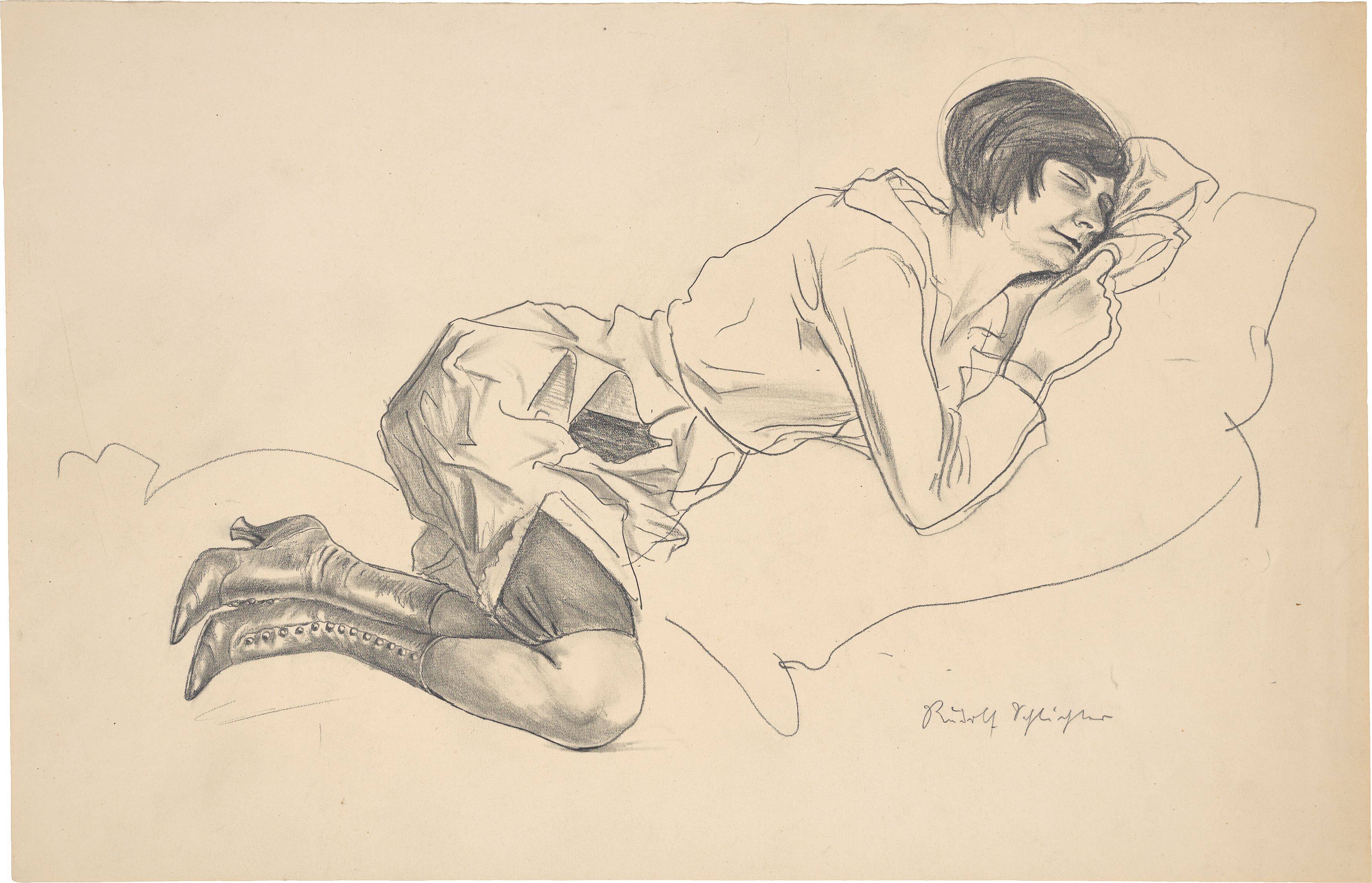 This picture shows the following artwork: Rudolf Schlichter. Reclining woman in high button shoes.