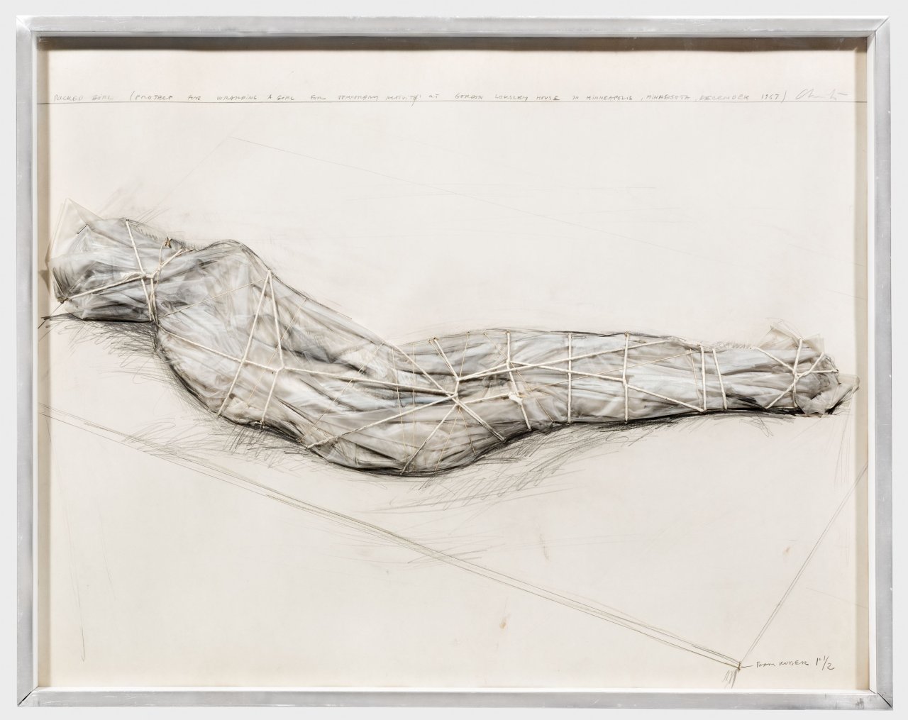 This picture shows the following artwork:  Christo. ”PACKED GIRL (PROJECT FOR WRAPPING A GIRL FOR TEMPORARY ACTIVITY AT GORDON LOKSLEY HOUSE IN MINNEAPOLIS, MINNESOTA)”. 1967.