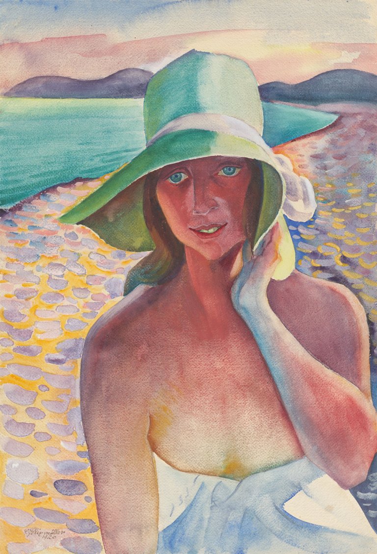 Auf diesem Bild ist das folgende Kunstwerk zu sehen: Conrad Felixmüller. „Späte Sonne am Strand von Le Lavandou“. 1926.