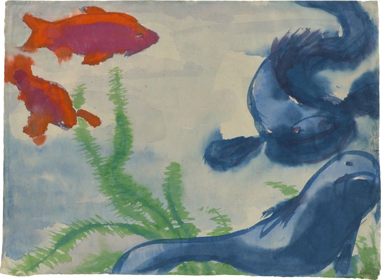 This picture shows the following artwork: Emil Nolde. ”Blaue und rote Zierfische im Aquarium”. Circa 1923/24.