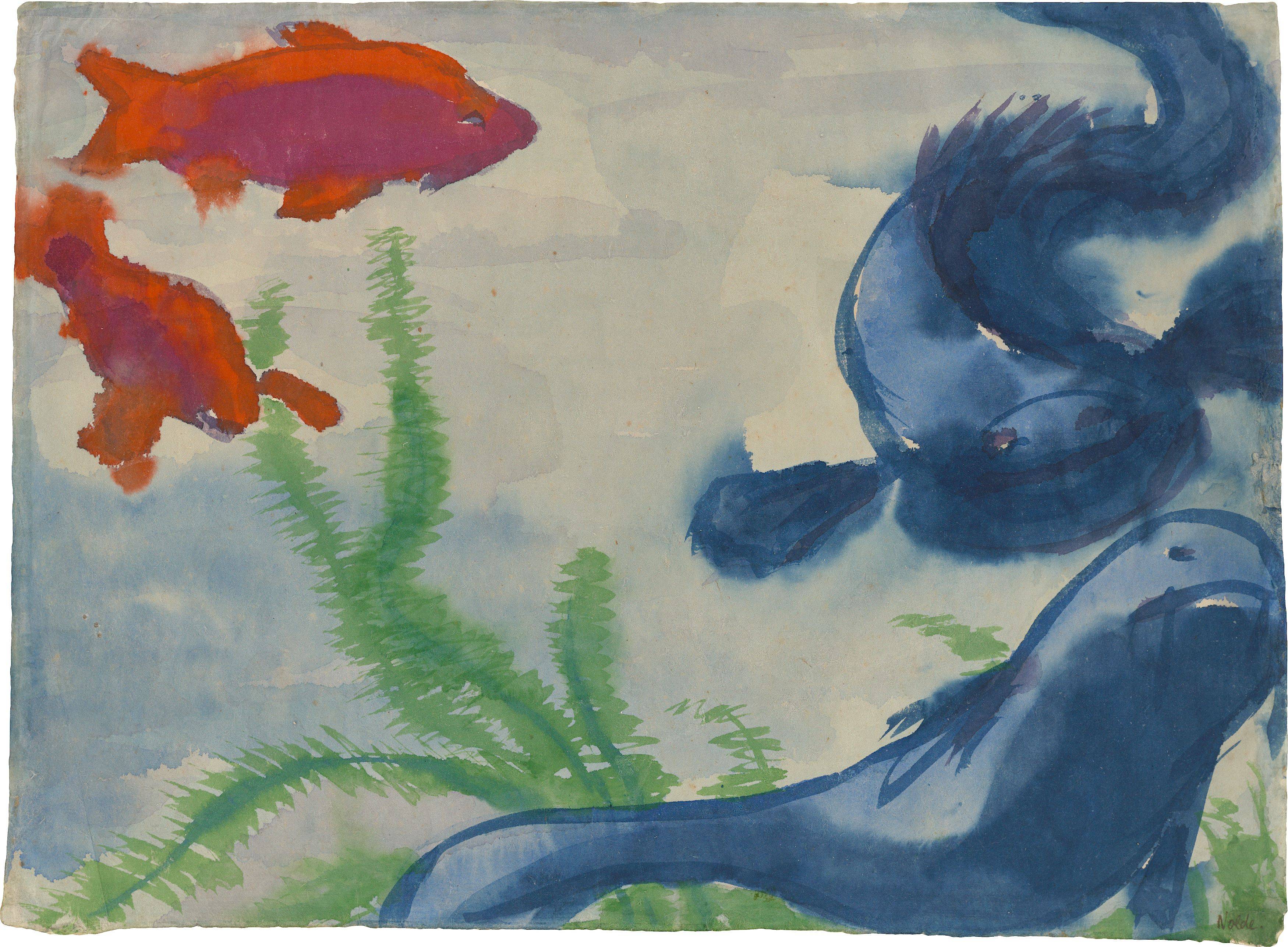 Auf diesem Bild ist das folgende Kunstwerk zu sehen: Emil Nolde. „Blaue und rote Zierfische im Aquarium“. Um 1923/24.