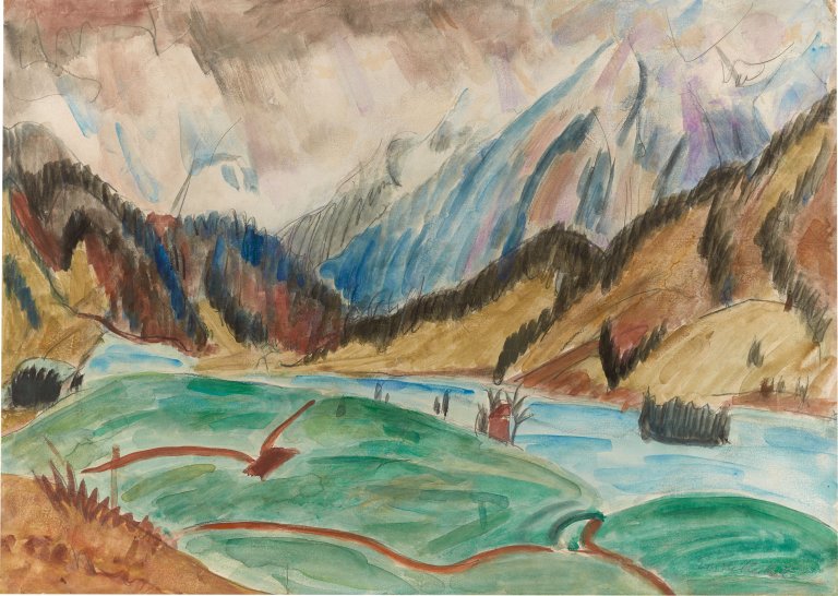 Auf diesem Bild ist das folgende Kunstwerk zu sehen: Erich Heckel. Flusslandschaft. Um 1921.
