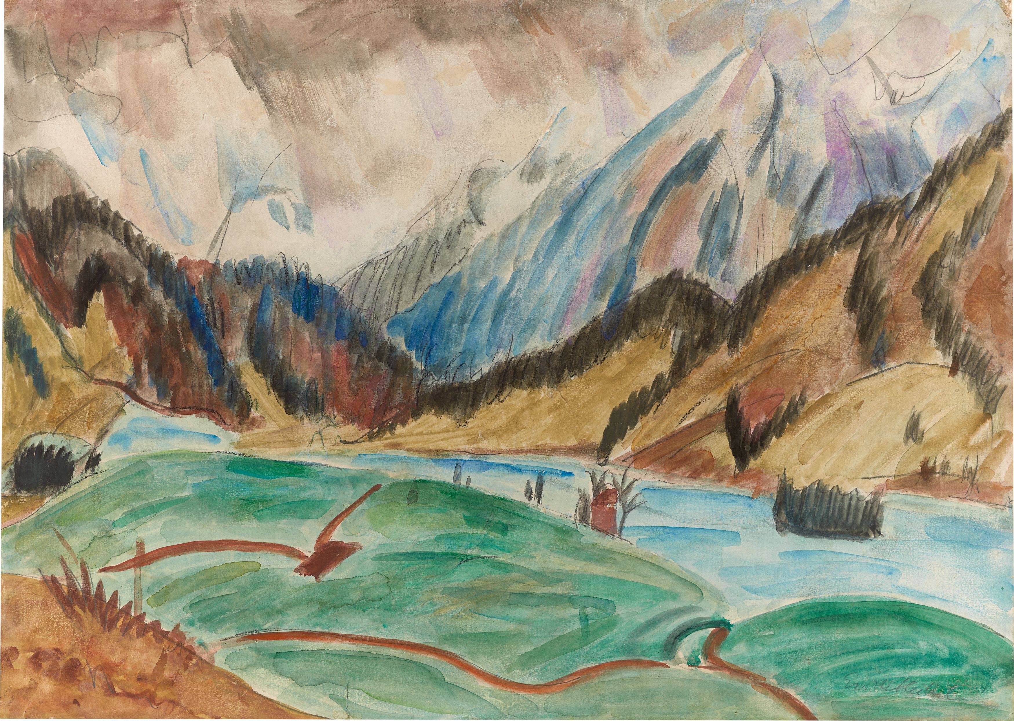 Auf diesem Bild ist das folgende Kunstwerk zu sehen: Erich Heckel. Flusslandschaft. Um 1921.