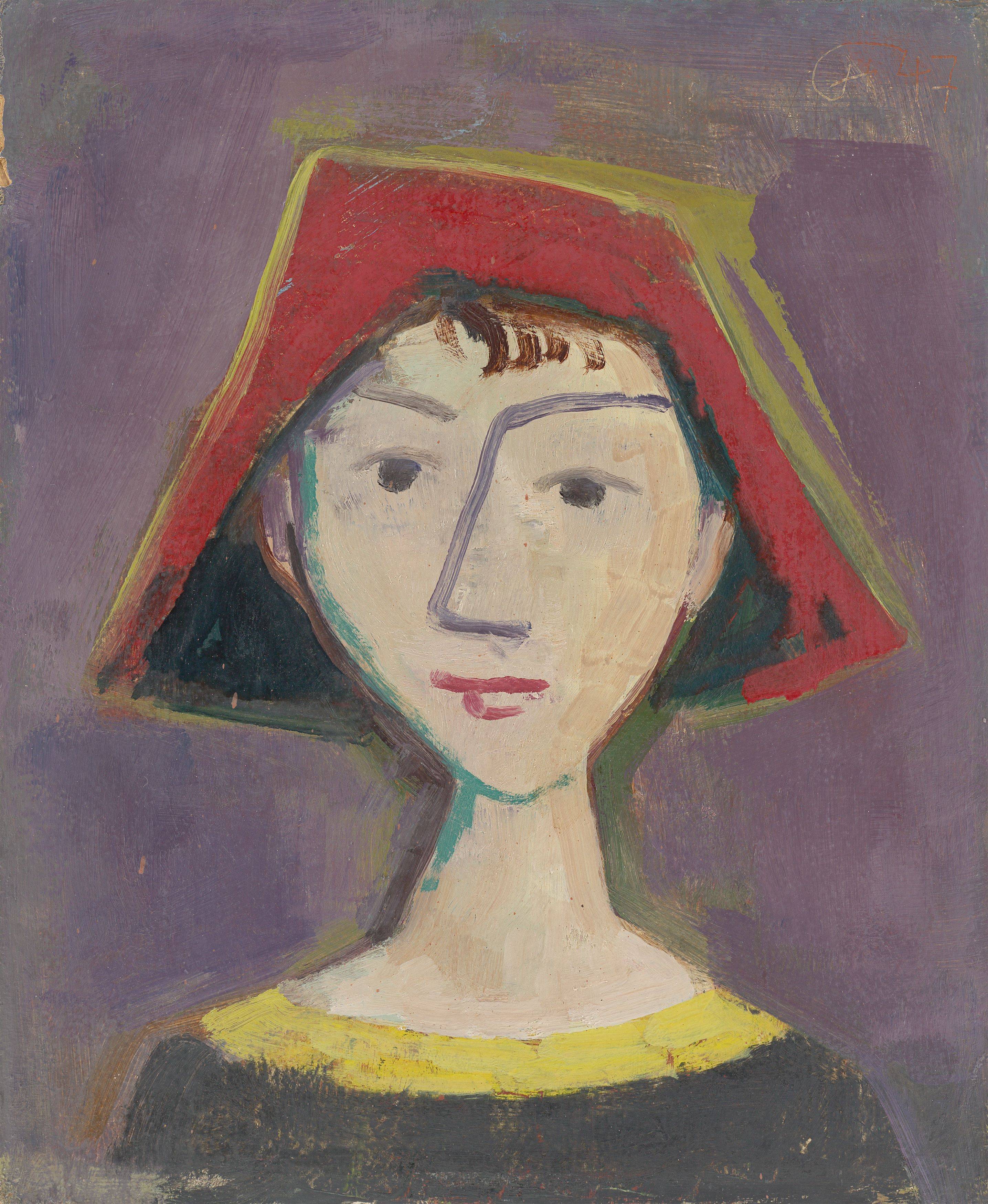 This picture shows the following artwork: Karl Hofer. ”Mädchenkopf mit roter Kappe”. 1947.