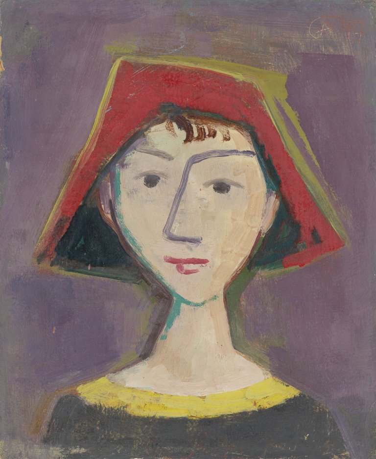 This picture shows the following artwork: Karl Hofer. ”Mädchenkopf mit roter Kappe”. 1947.