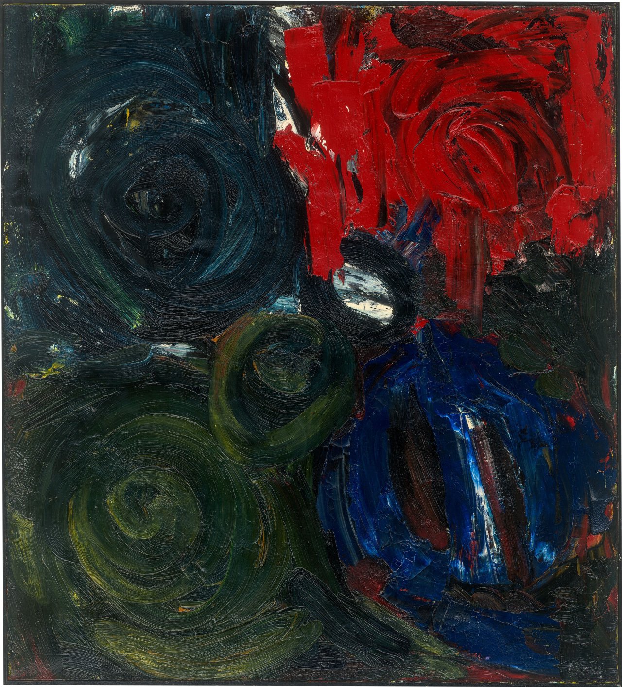 Auf diesem Bild ist das folgende Kunstwerk zu sehen: Ernst Wilhelm Nay. „Im Dunkel – Feuer“. 1963.