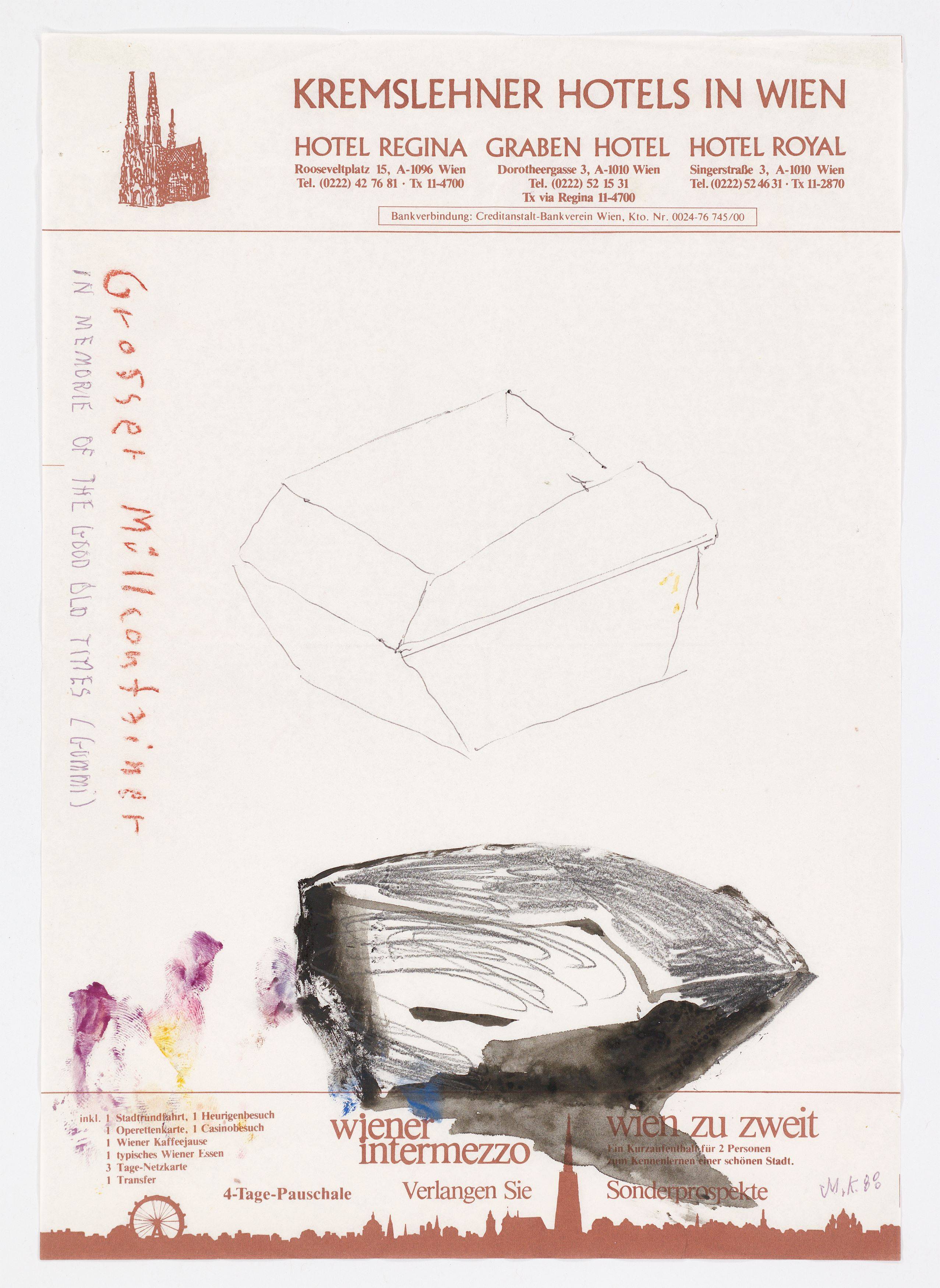 Auf diesem Bild ist das folgende Kunstwerk zu sehen: Martin Kippenberger. Ohne Titel (Kremslehner Hotels in Wien / Ristorante Albergo all'Arciduca, Trieste). 1988.