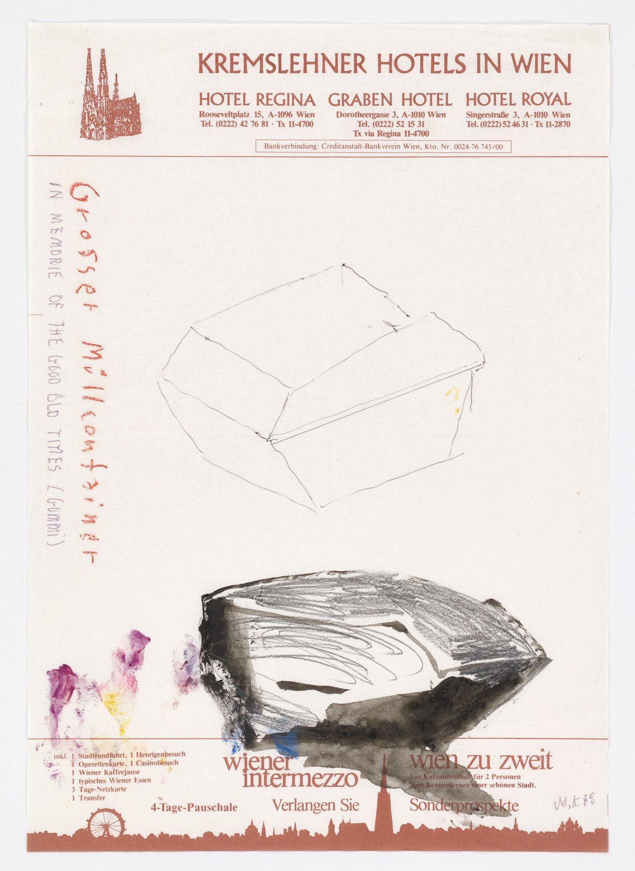 Auf diesem Bild ist das folgende Kunstwerk zu sehen: Martin Kippenberger. Ohne Titel (Kremslehner Hotels in Wien / Ristorante Albergo all'Arciduca, Trieste). 1988.