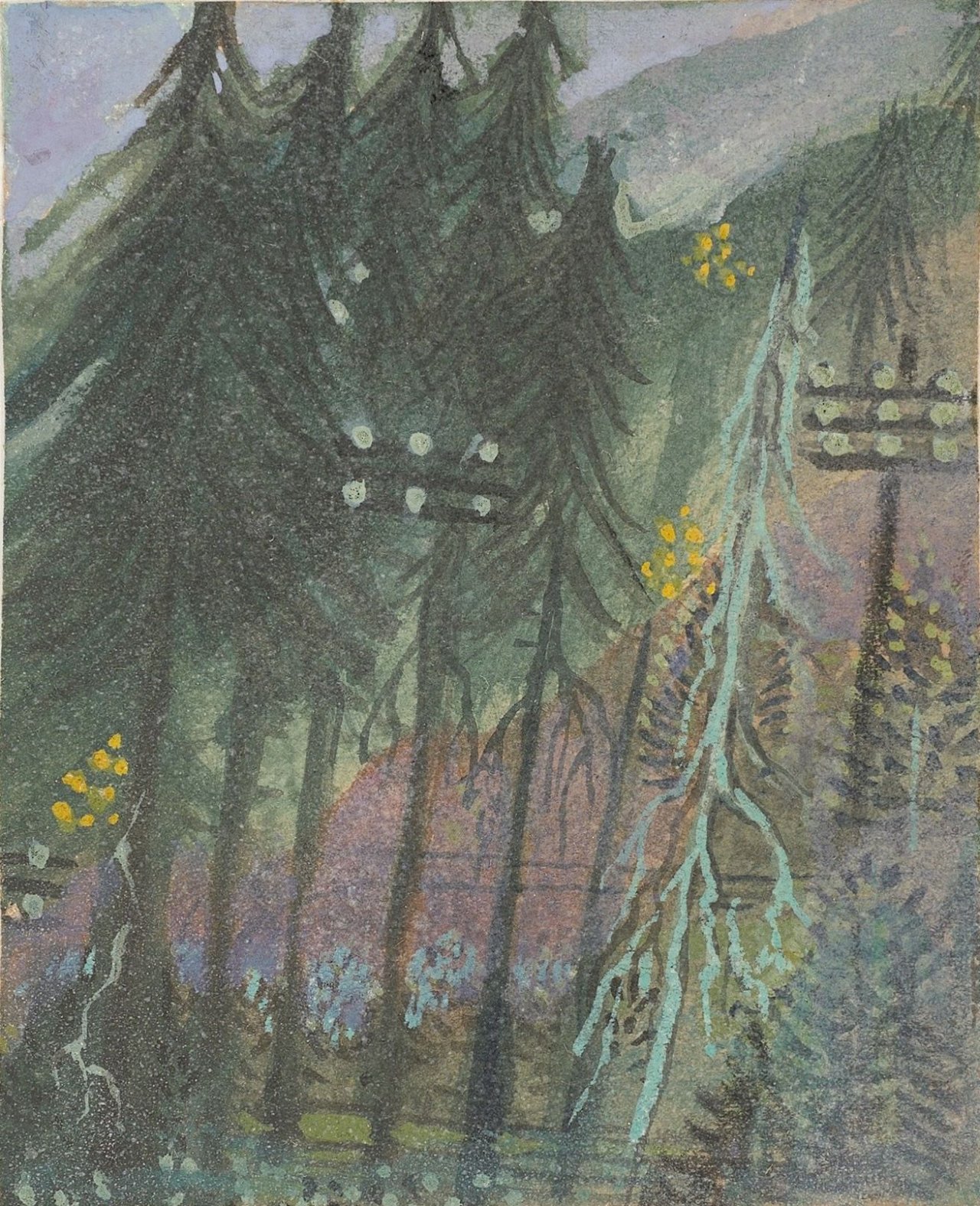 Auf diesem Bild ist das folgende Kunstwerk zu sehen: Gottfried Brockmann. „Telegrafenmasten im Wald“, aus der Serie „Eifelwanderung“. 1927.