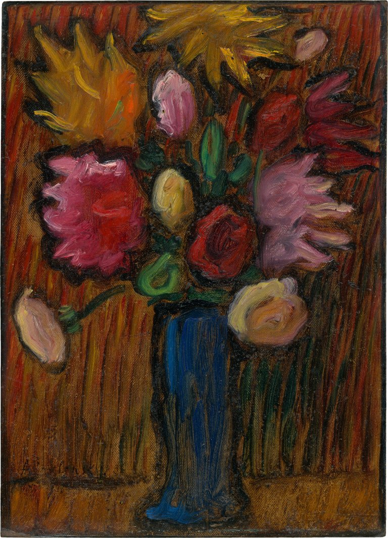 This picture shows the following artwork: Alexej von Jawlensky. ”Blumen in blauer Vase (Rosenstrauss)”. 1936.