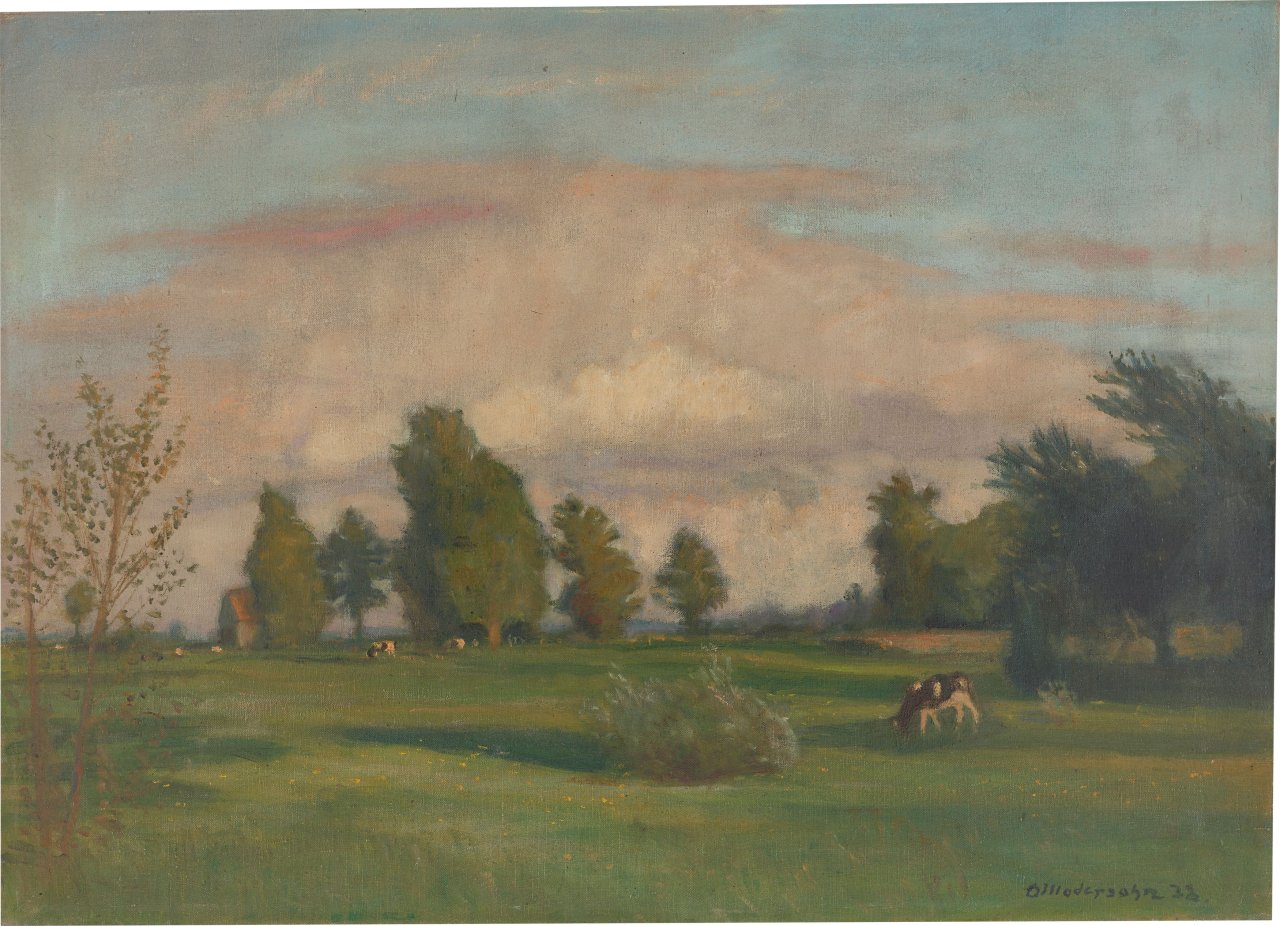 Auf diesem Bild ist das folgende Kunstwerk zu sehen: Otto Modersohn. „Abendwiesen bei Fischerhude“. 1938.