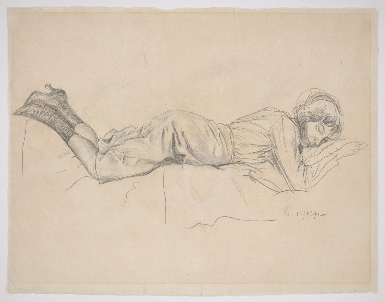 Auf diesem Bild ist das folgende Kunstwerk zu sehen: Rudolf Schlichter. Liegende in Knöpfstiefeln. Um 1928.