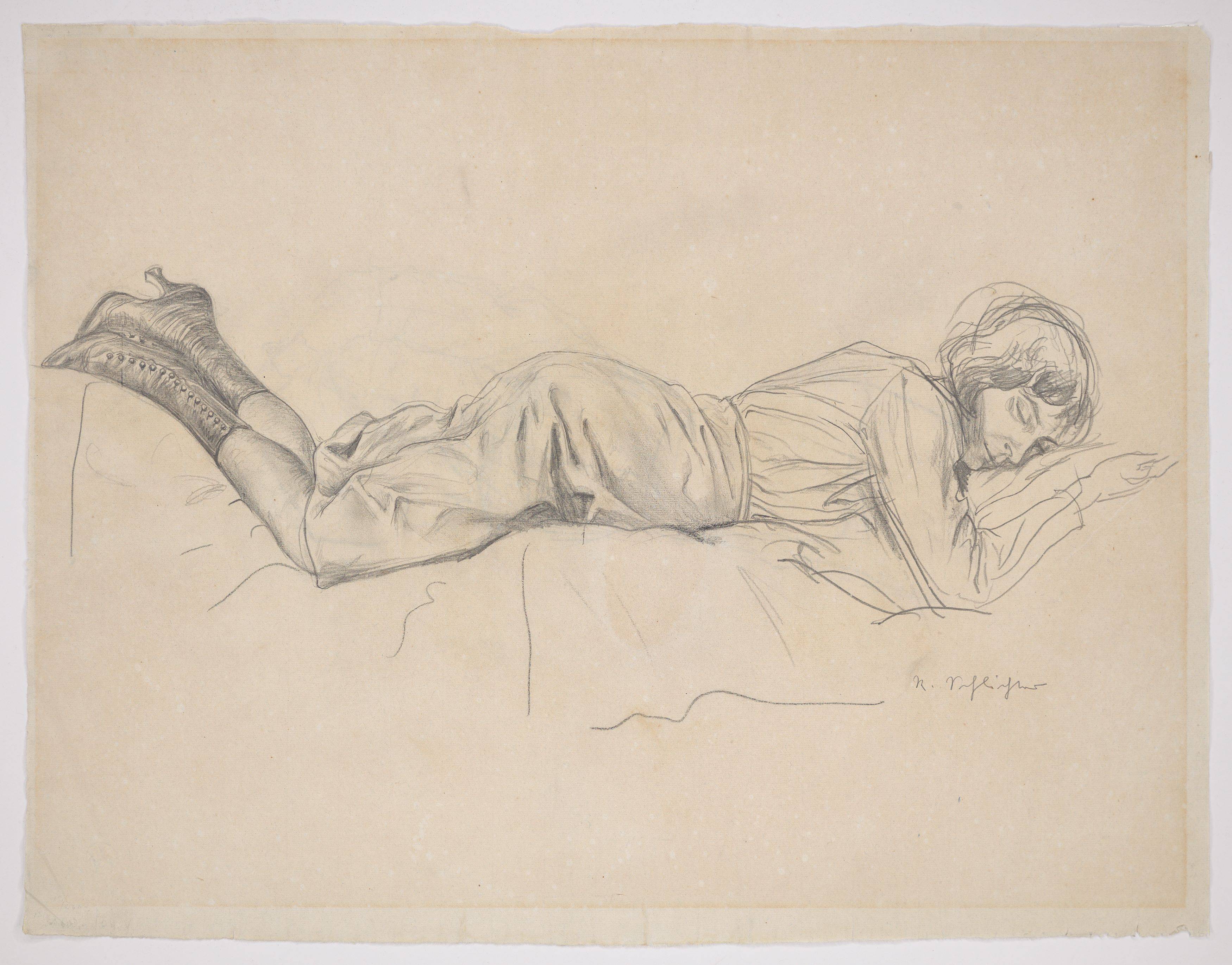 Auf diesem Bild ist das folgende Kunstwerk zu sehen: Rudolf Schlichter. Liegende in Knöpfstiefeln. Um 1928.