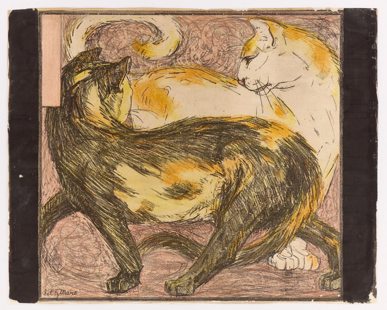 Auf diesem Bild ist das folgende Kunstwerk zu sehen: Franz Marc. „Zwei Katzen“. 1909/10.