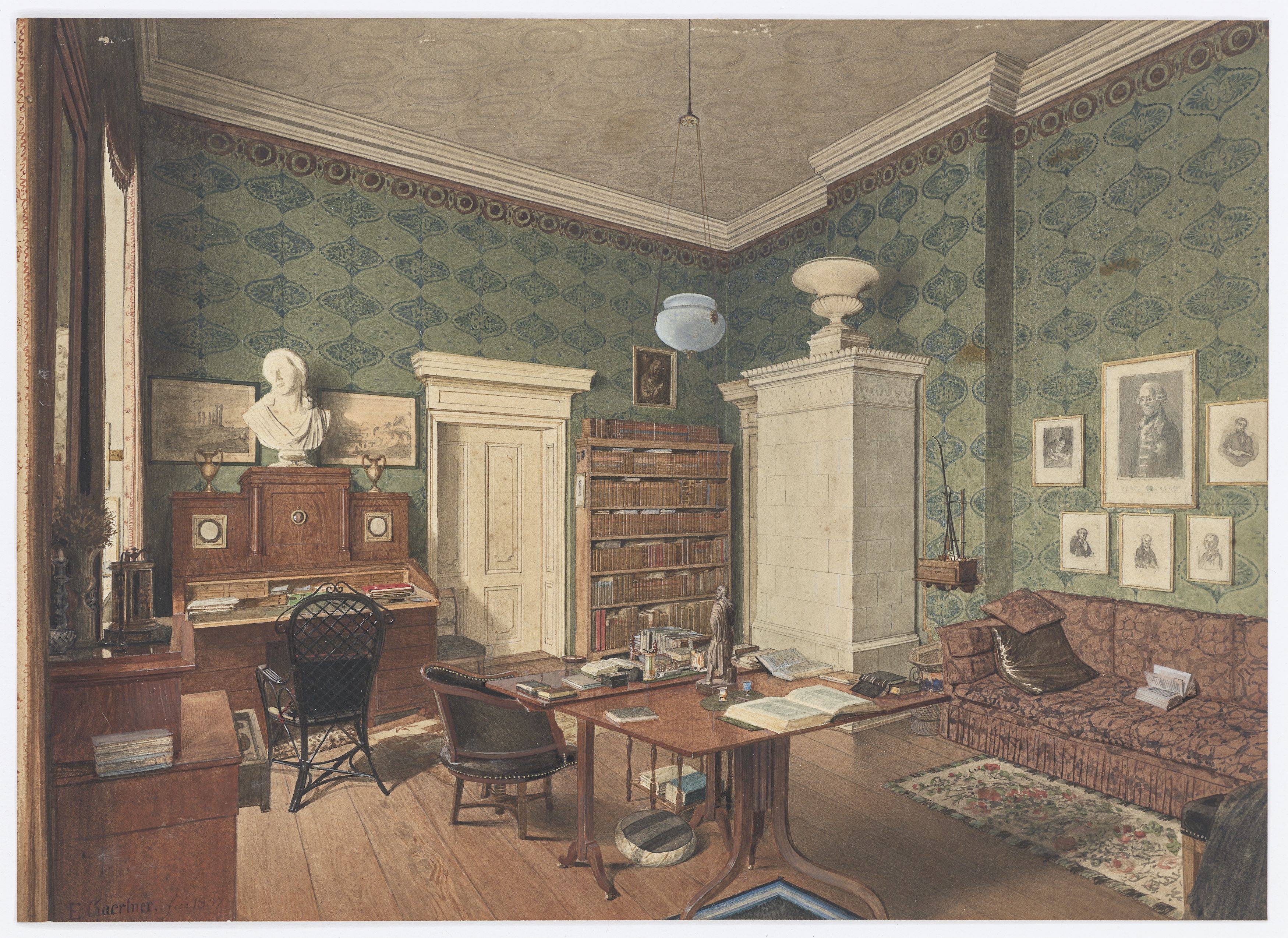 Auf diesem Bild ist das folgende Kunstwerk zu sehen: Eduard Gaertner. „Zimmer des Direktors im Joachimsthalschen Gymnasium“ (Berlin). 1857.