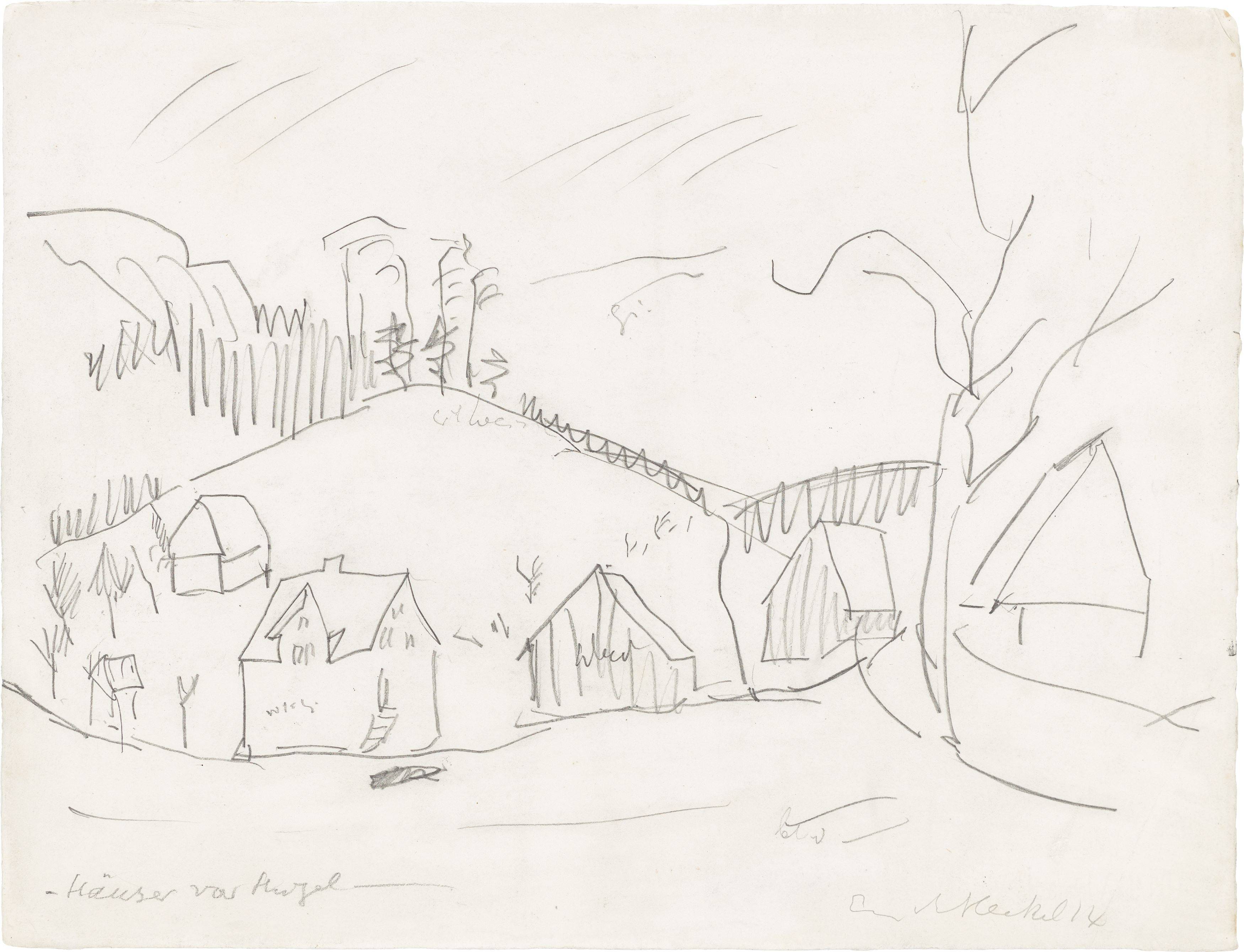 This picture shows the following artwork: Erich Heckel. ”Häuser vor Hügel”. 1914.