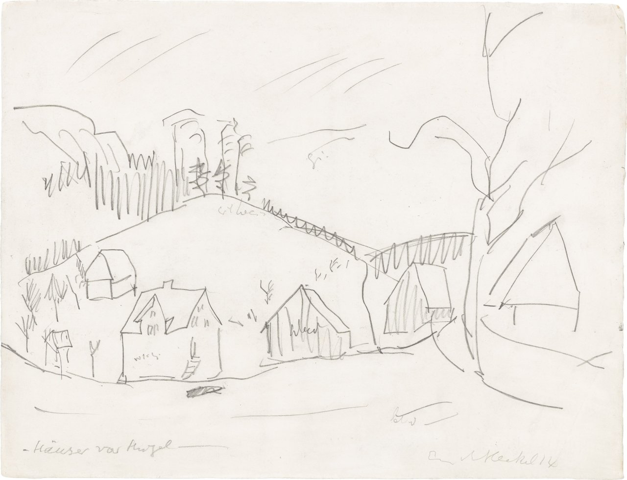 This picture shows the following artwork: Erich Heckel. ”Häuser vor Hügel”. 1914.