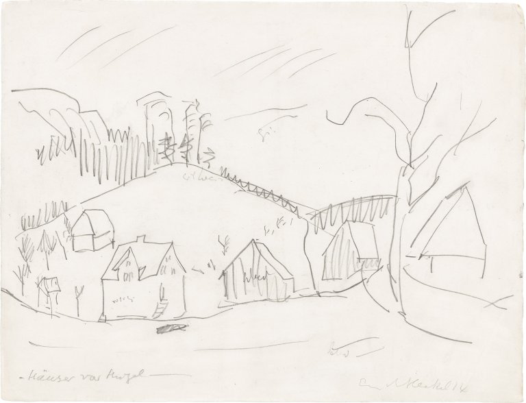 Auf diesem Bild ist das folgende Kunstwerk zu sehen: Erich Heckel. „Häuser vor Hügel“. 1914.