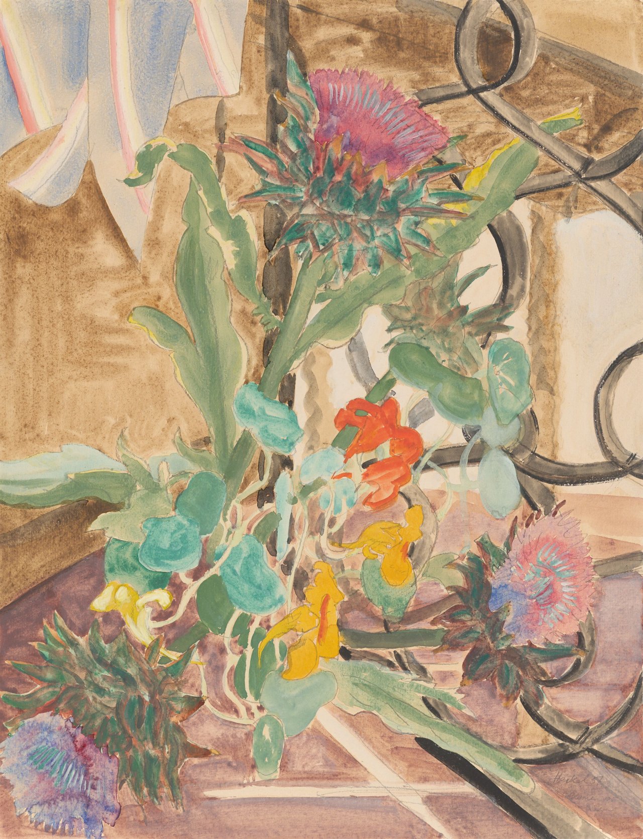 This picture shows the following artwork: Erich Heckel. ”Blumen vor Gitter”. 1951.