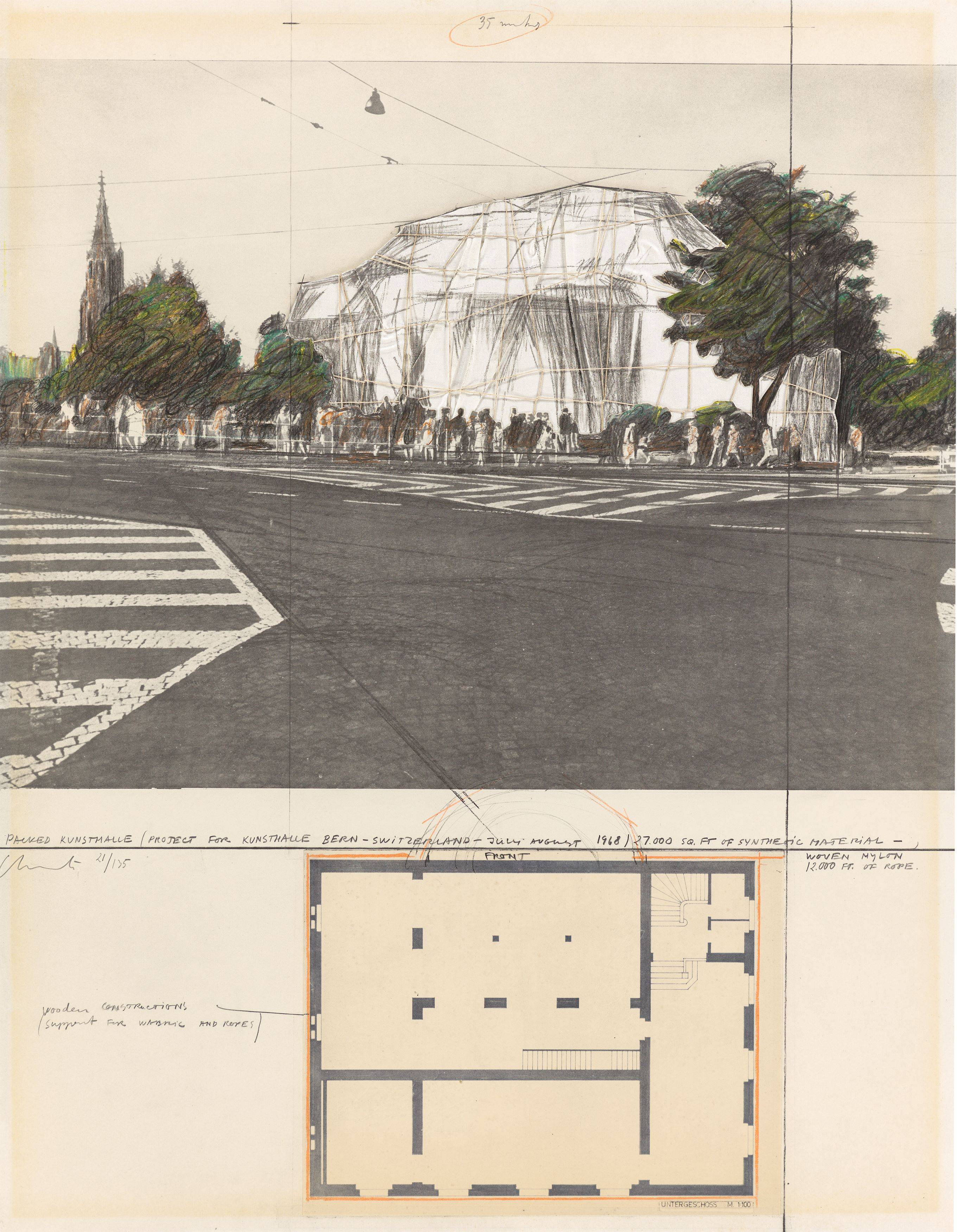 This picture shows the following artwork:  Christo and Jeanne-Claude. ”Packed Kunsthalle Bern, Project”. 1972.
